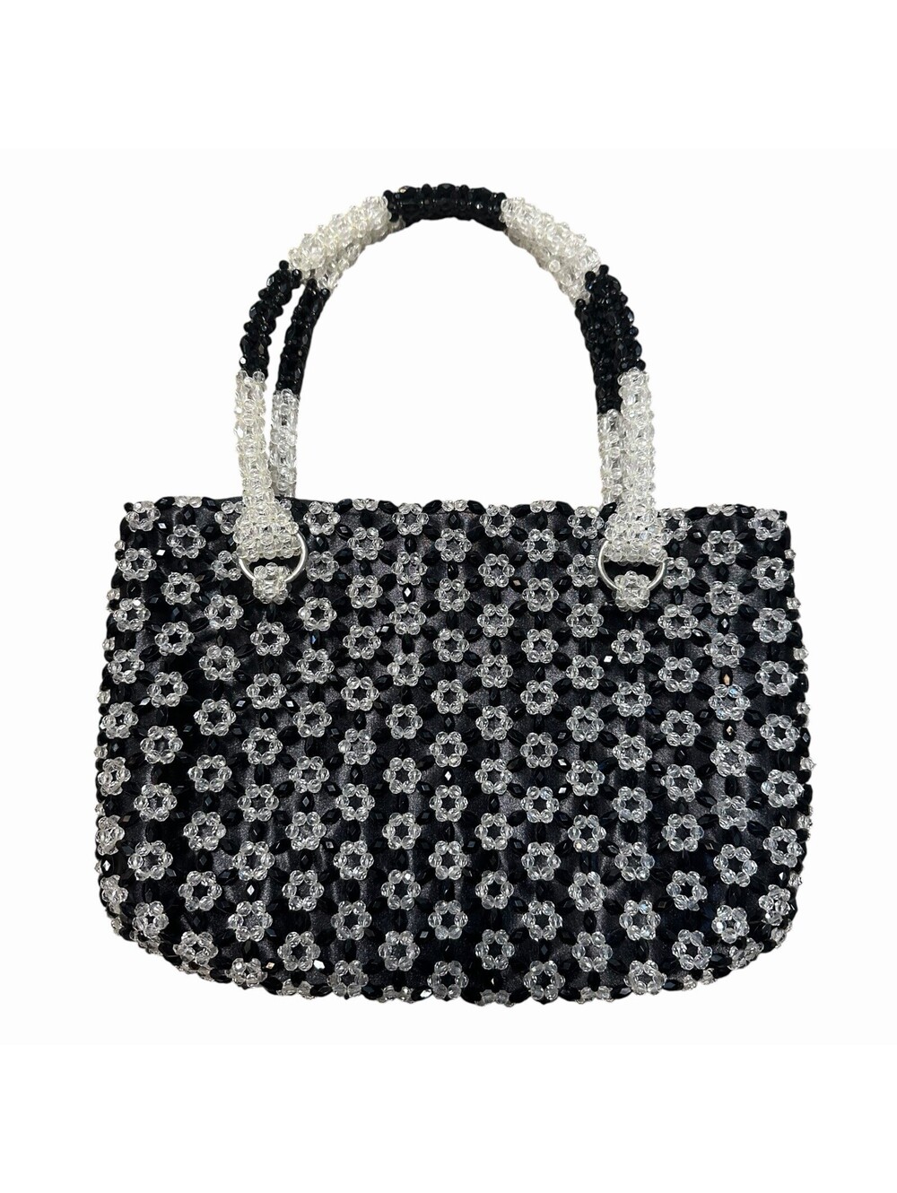 Beaded Black & Clear Floral Retro Lined Handbag